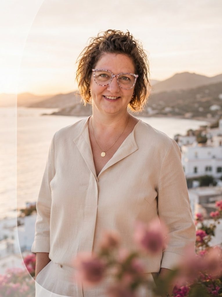 Julie Chouinard souriante au coucher du soleil, devant un village méditerranéen en bord de mer
